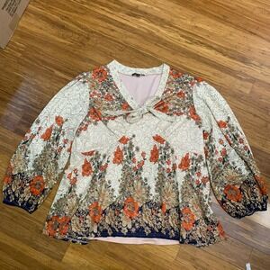 Suzanne Betro Floral Blouse Women Size 2X Tie Neck 3/4 Sleeve Top Boho Chic Lace